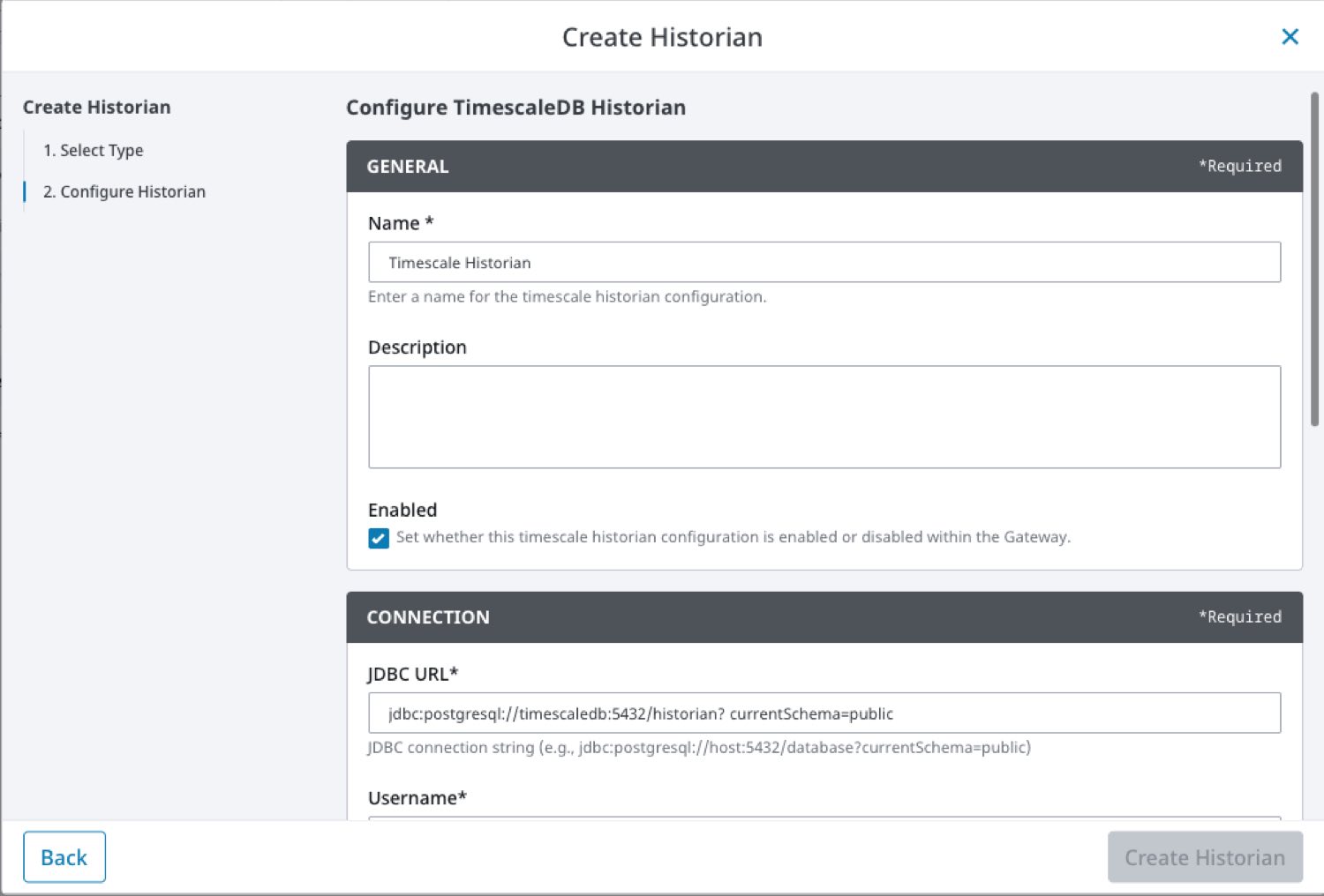 TimescaleDB historian provider settings in the Ignition gateway